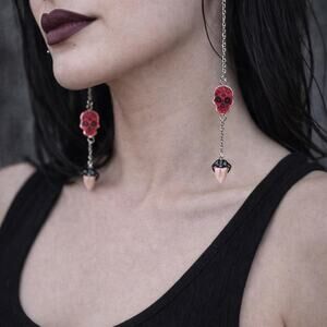 Red skull head long chain dangle earrings,